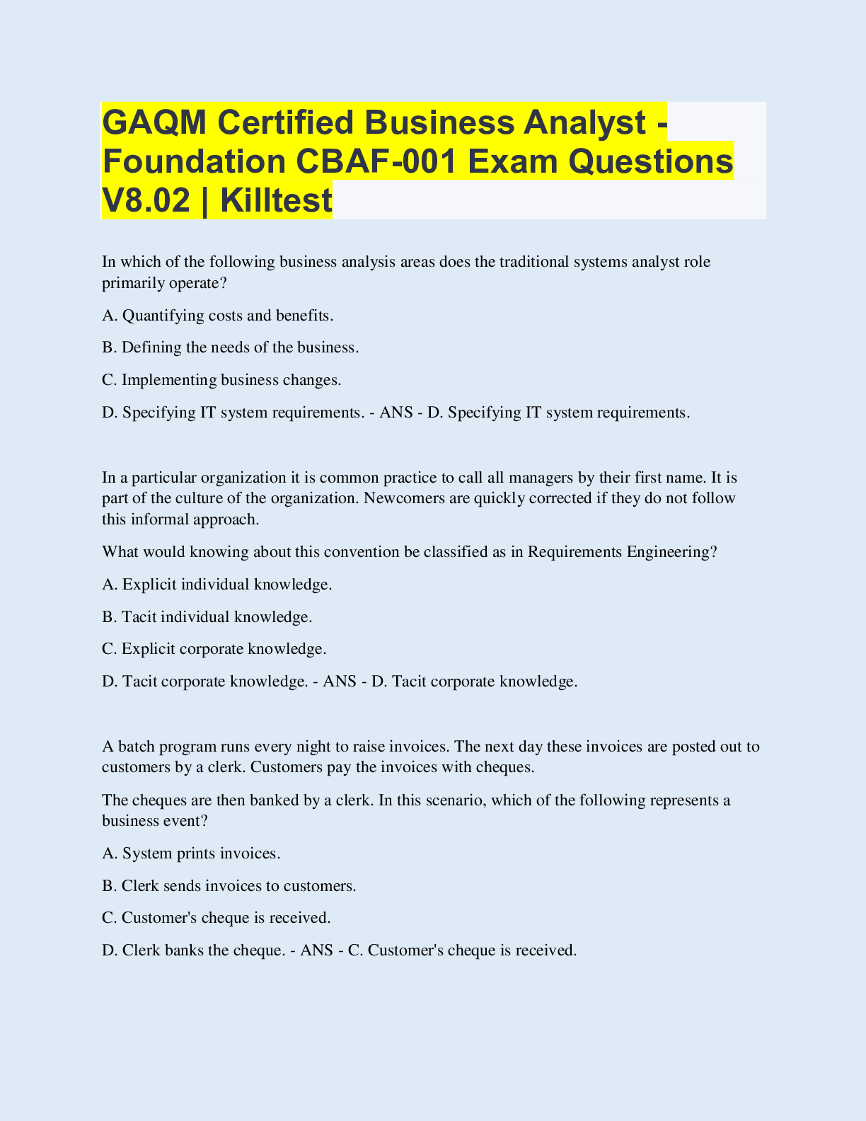 Preview of GAQM Certified Business Analyst - Foundation CBAF-001 Exam Questions V8.02 | Killtest | wi